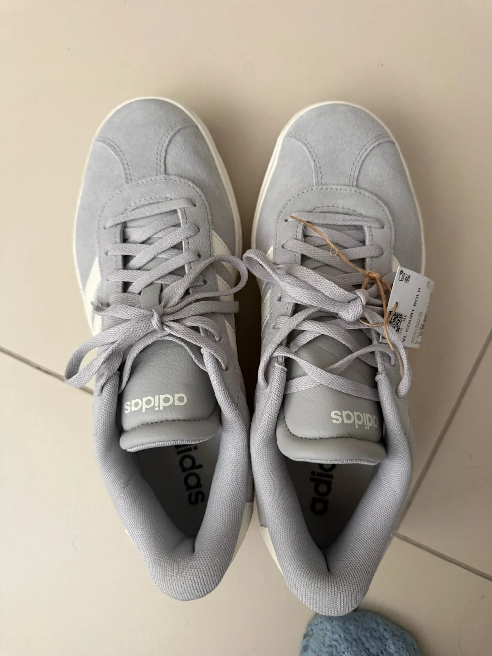 adidas Women’s Light Gray Suede Platform Sneaker with Cream Stripes
